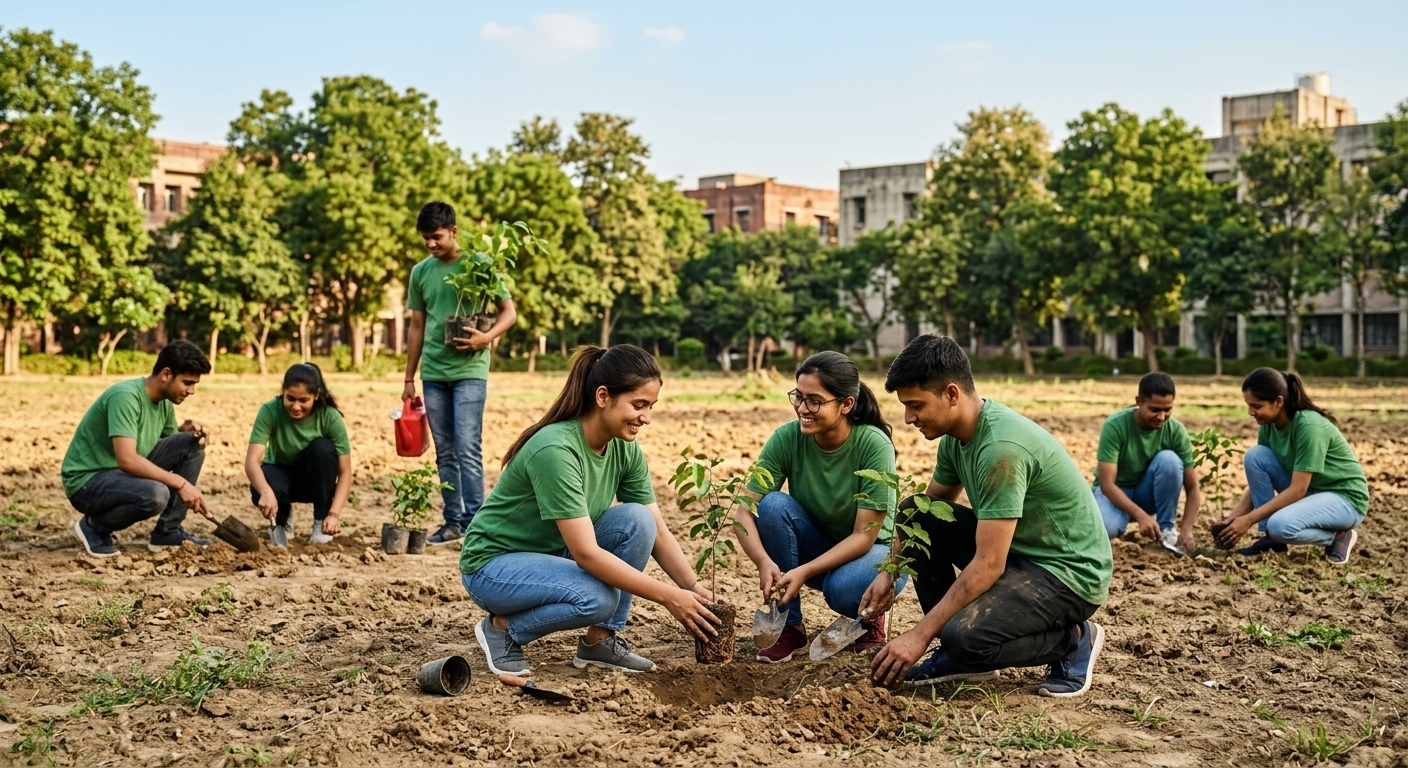 Indian volunteers working together to plant and protect young trees