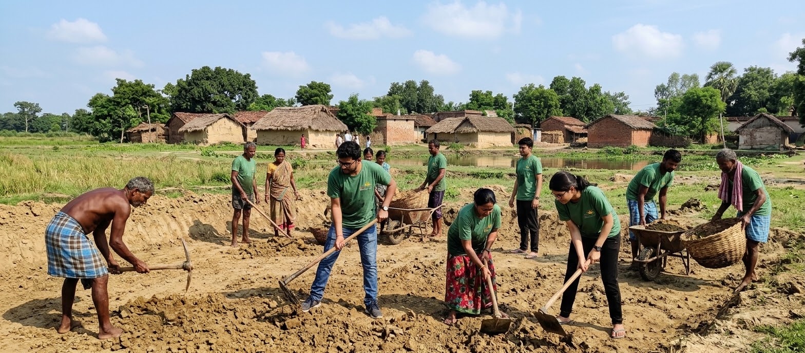 Local community members planting saplings near an Indian forest landscape